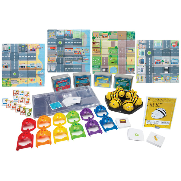 Set of Bee-Bot robots with curriculum, robot covers, obstacle course, mats, and activity tins