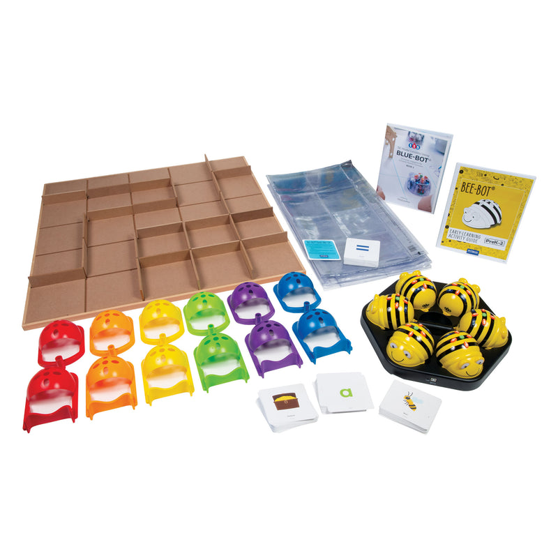group of bee-bot robots on a charging port, curriculum guides, pocket mat, obstacle course, and robot covers with flash cards