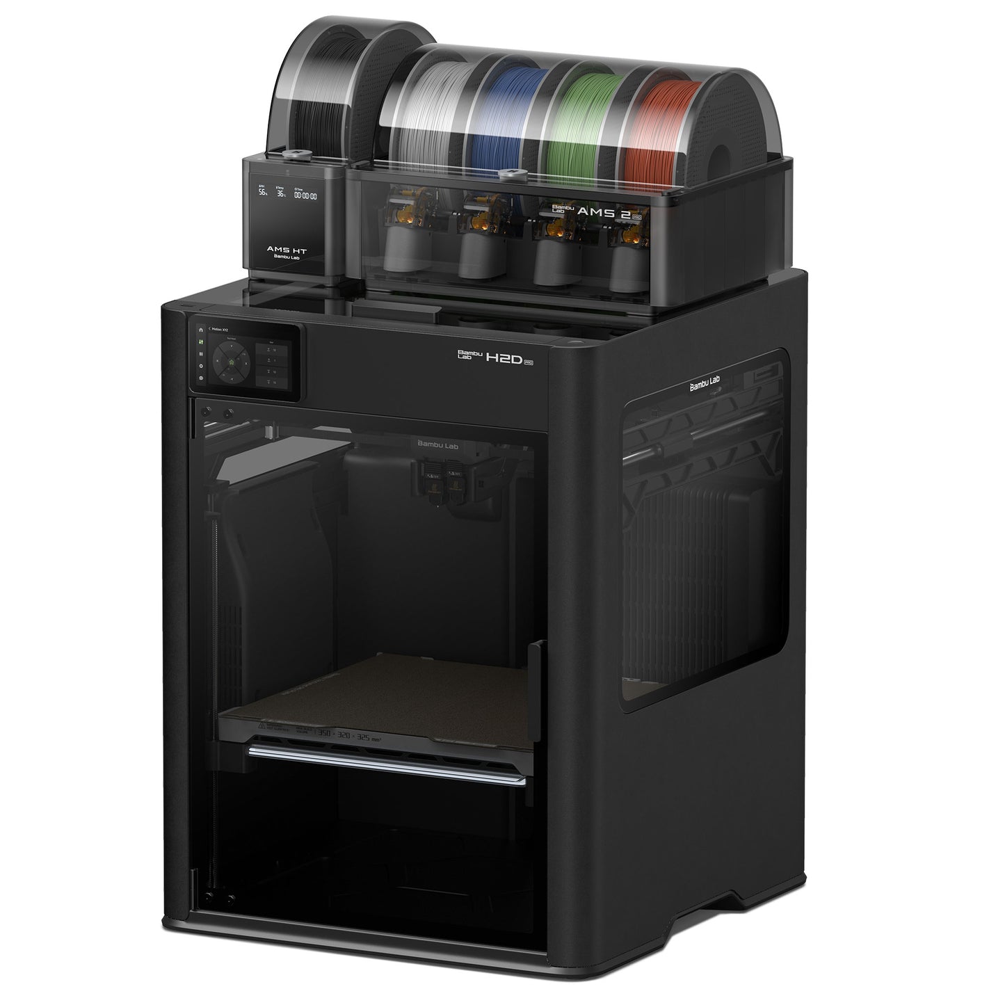Black 3D printer with colorful filament in a spool holder