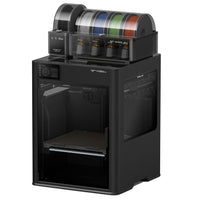 Black 3D printer with colorful filament in a spool holder