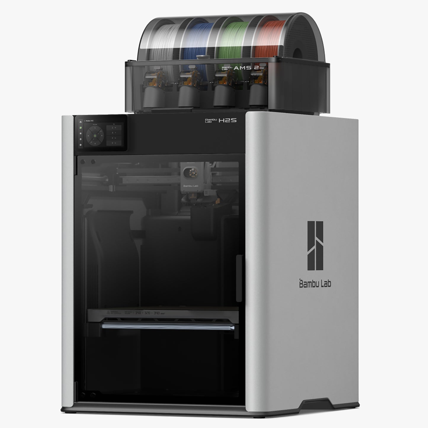 Grey and black Bambu 3D printer with colorful filament spools