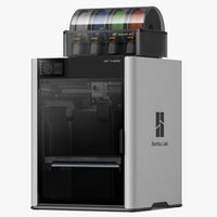 Grey and black Bambu 3D printer with colorful filament spools