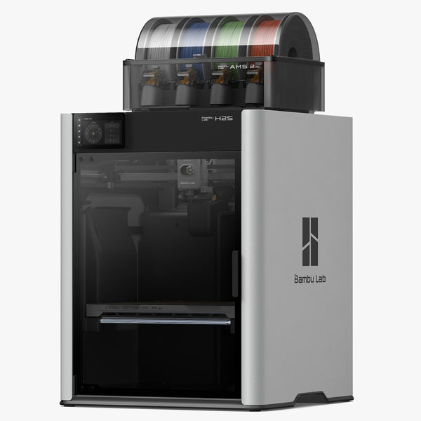 Grey and black Bambu 3D printer with colorful filament spools