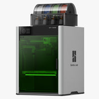 Grey and green Bambu 3D printer with colorful filament spools