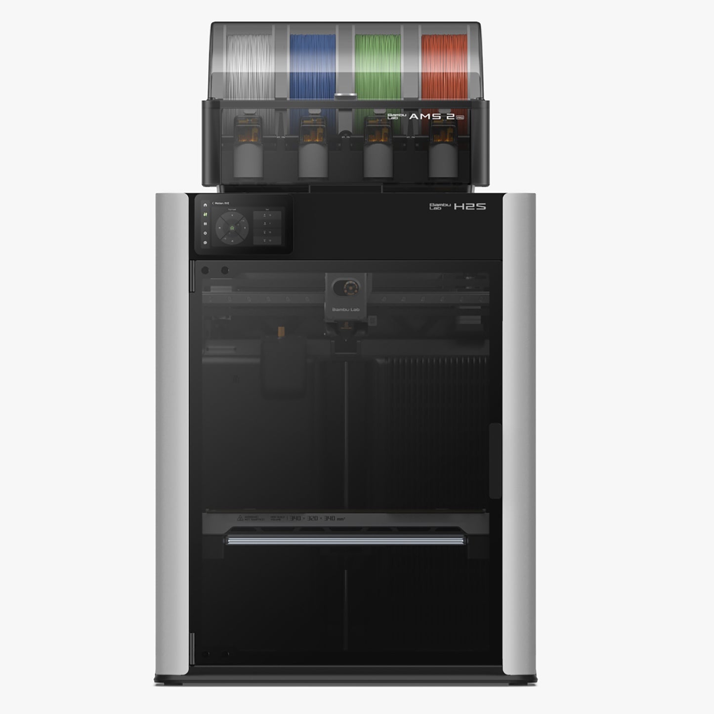 Grey and black Bambu 3D printer with colorful filament spools