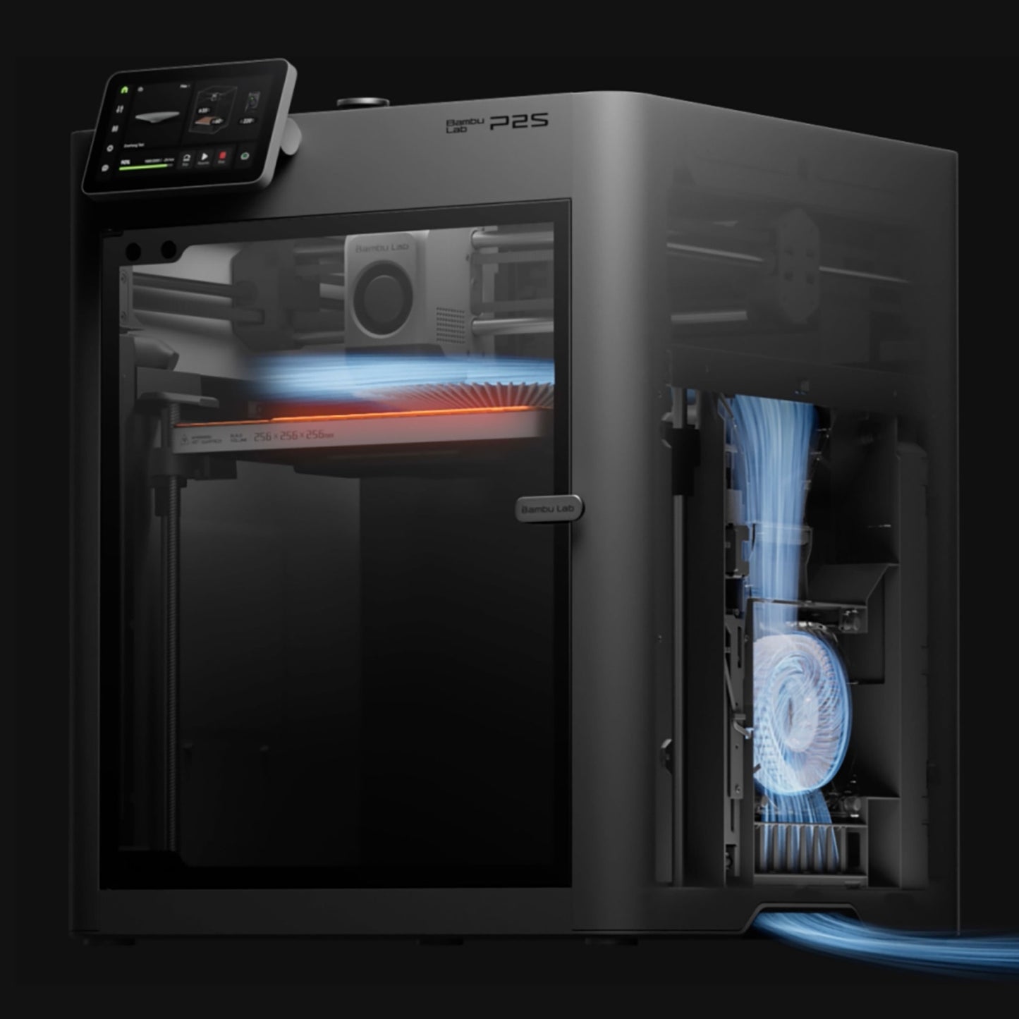 3D printer with open door showing internal components on a black background