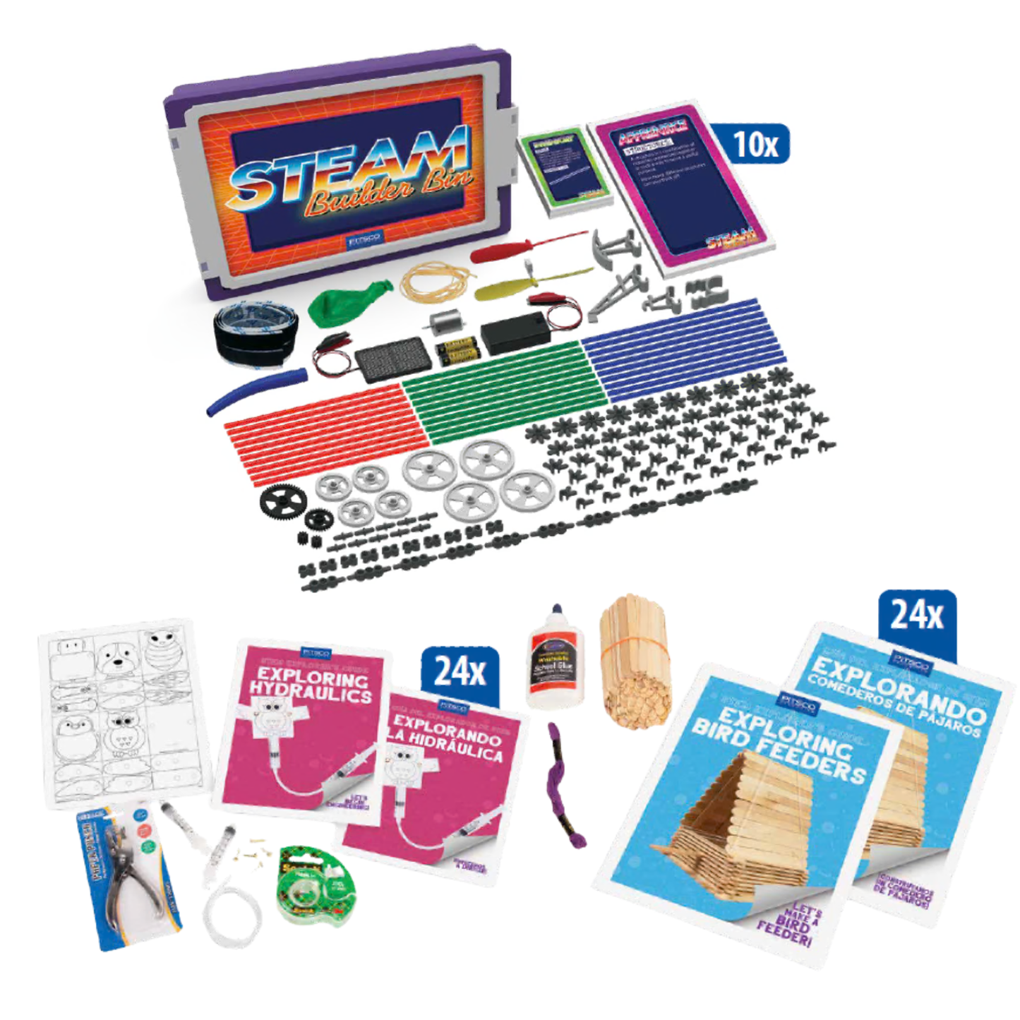 STEAM Builder Bin kit, exploring hydraulics kit, and exploring bird feeders kit