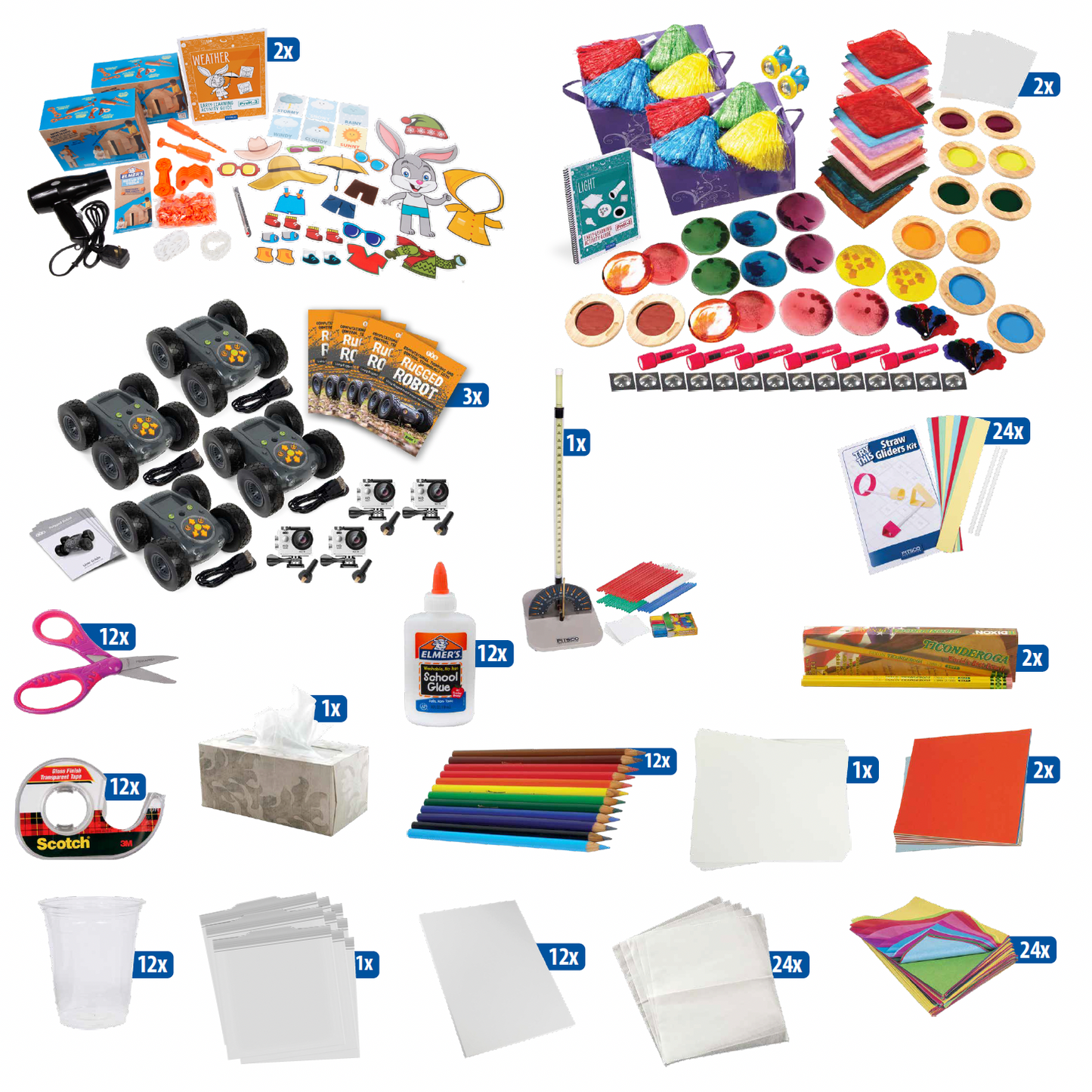 weather activity bundle, light activity bundle, rugged robot getting started package, straw rockets getting started package, straw gliders try this kit, and various supplies