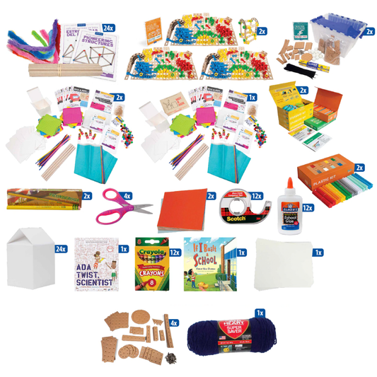 pioneering structures kit, not a box read aloud kit, design and construction activity bundle, engineering in literature activity bundle, 3doodler kit with filament, and various supplies