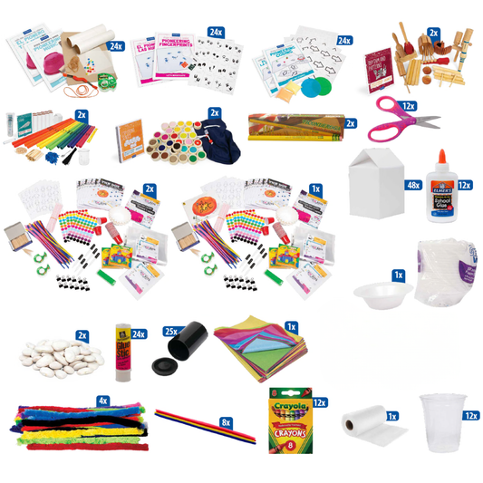 pioneering music kit, pioneering fingerprints kit, pioneering coding kit, rhythm and patterns activity bundle, exploring senses activity bundle, pencils, scissors, the dot read aloud kit, and various supplies