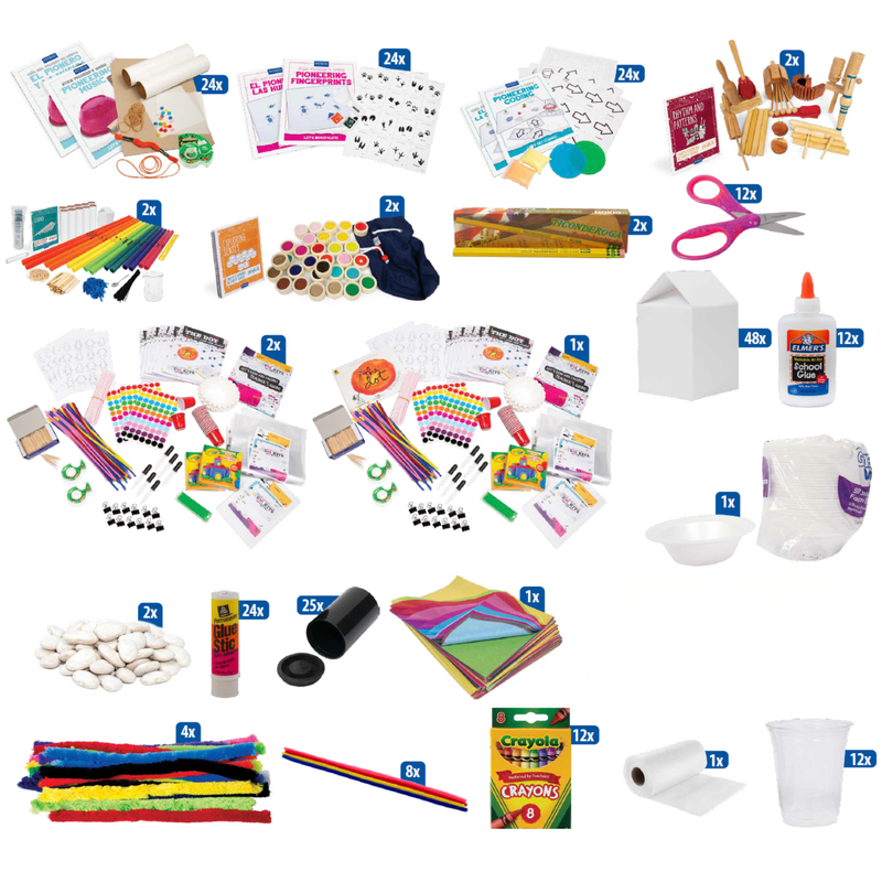 pioneering music kit, pioneering fingerprints kit, pioneering coding kit, rhythm and patterns activity bundle, exploring senses activity bundle, pencils, scissors, the dot read aloud kit, and various supplies