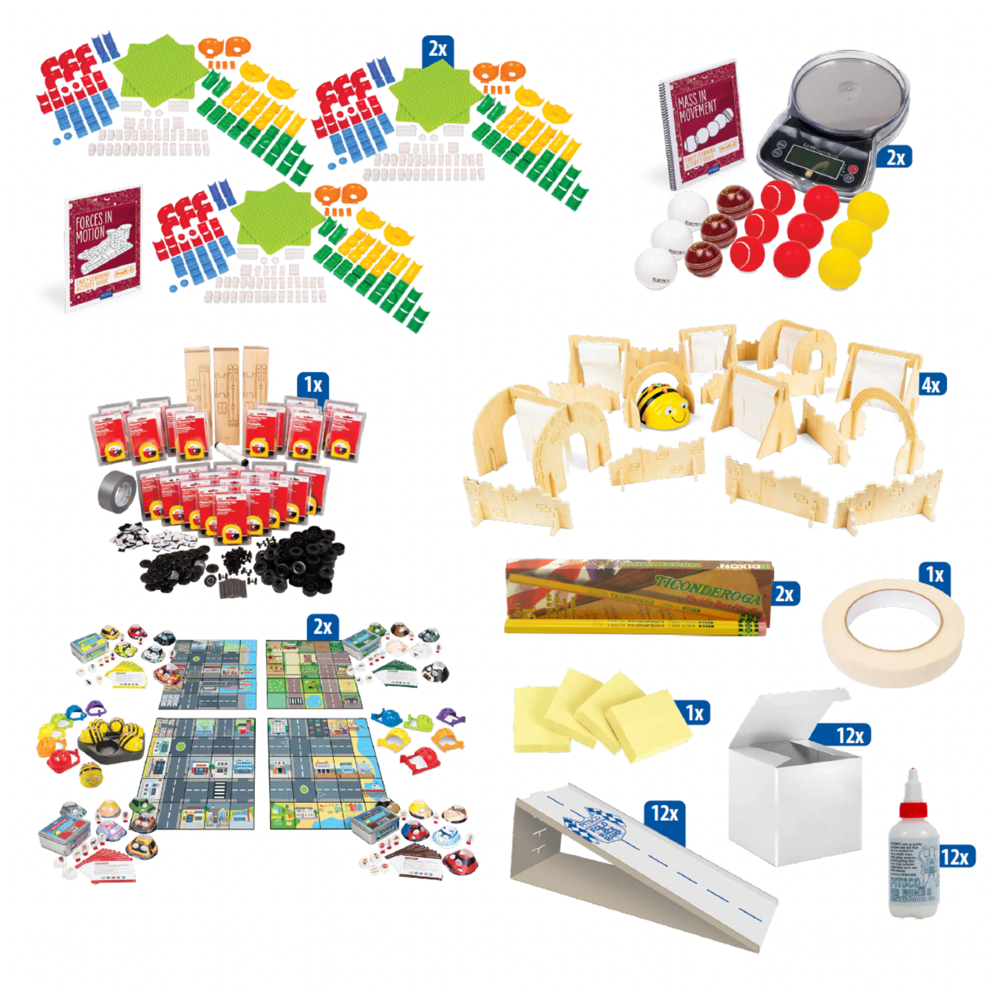forces in motion activity bundle, mass in movement activity bundle, toolbox racer getting started package, bee-bot obstacle course, bee-bot world bundle, pencils, sticky notes, masking tape, boxes, race ramp, glue