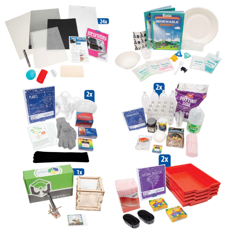 discovering solar power kit, isprowt renewable energy kit, plants activity bundle, human impacts activity bundle, parametric studios terrarium kit, natural disasters activity bundle