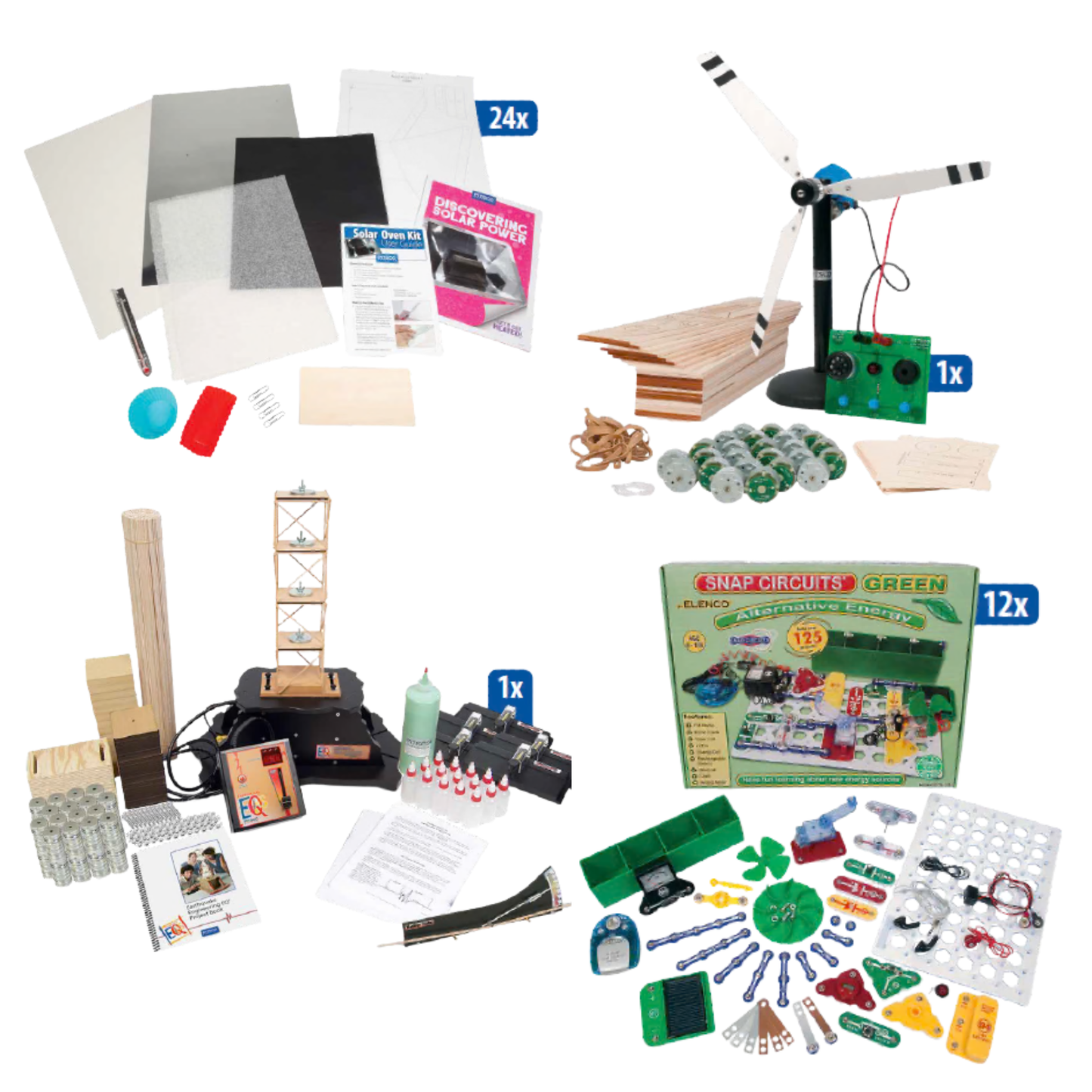 Discovering solar power kit, wind energy getting started package, earthquake towers getting started package, snap circuits alternative energy kit
