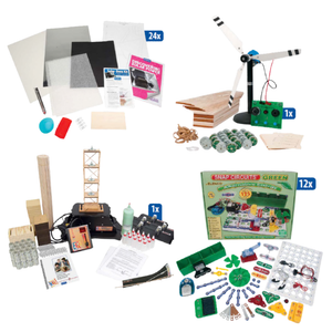 Discovering solar power kit, wind energy getting started package, earthquake towers getting started package, snap circuits alternative energy kit