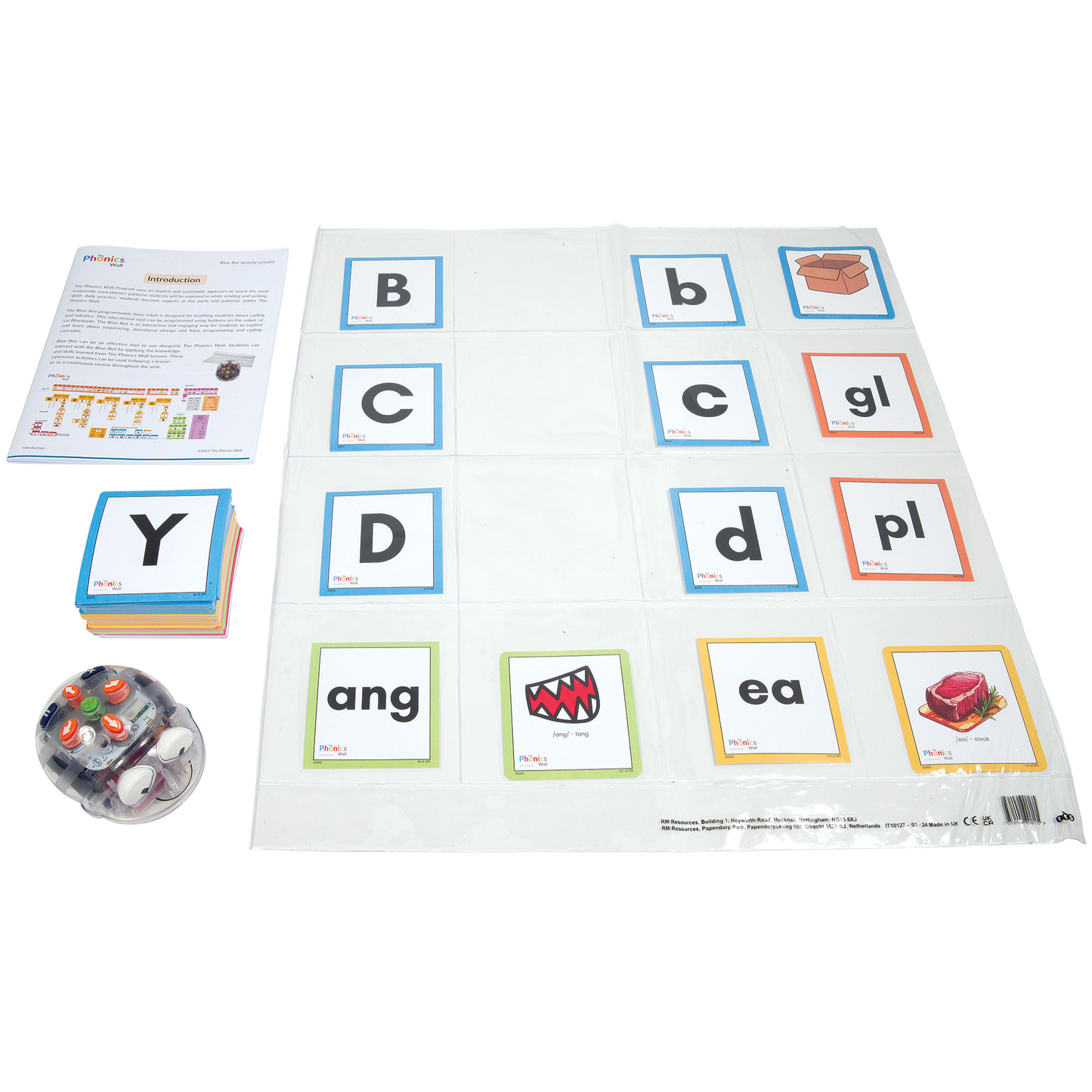 educational flash cards displayed in a pocket mat with blue-bot robot and curriculum guide