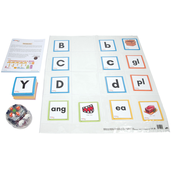 educational flash cards displayed in a pocket mat with blue-bot robot and curriculum guide