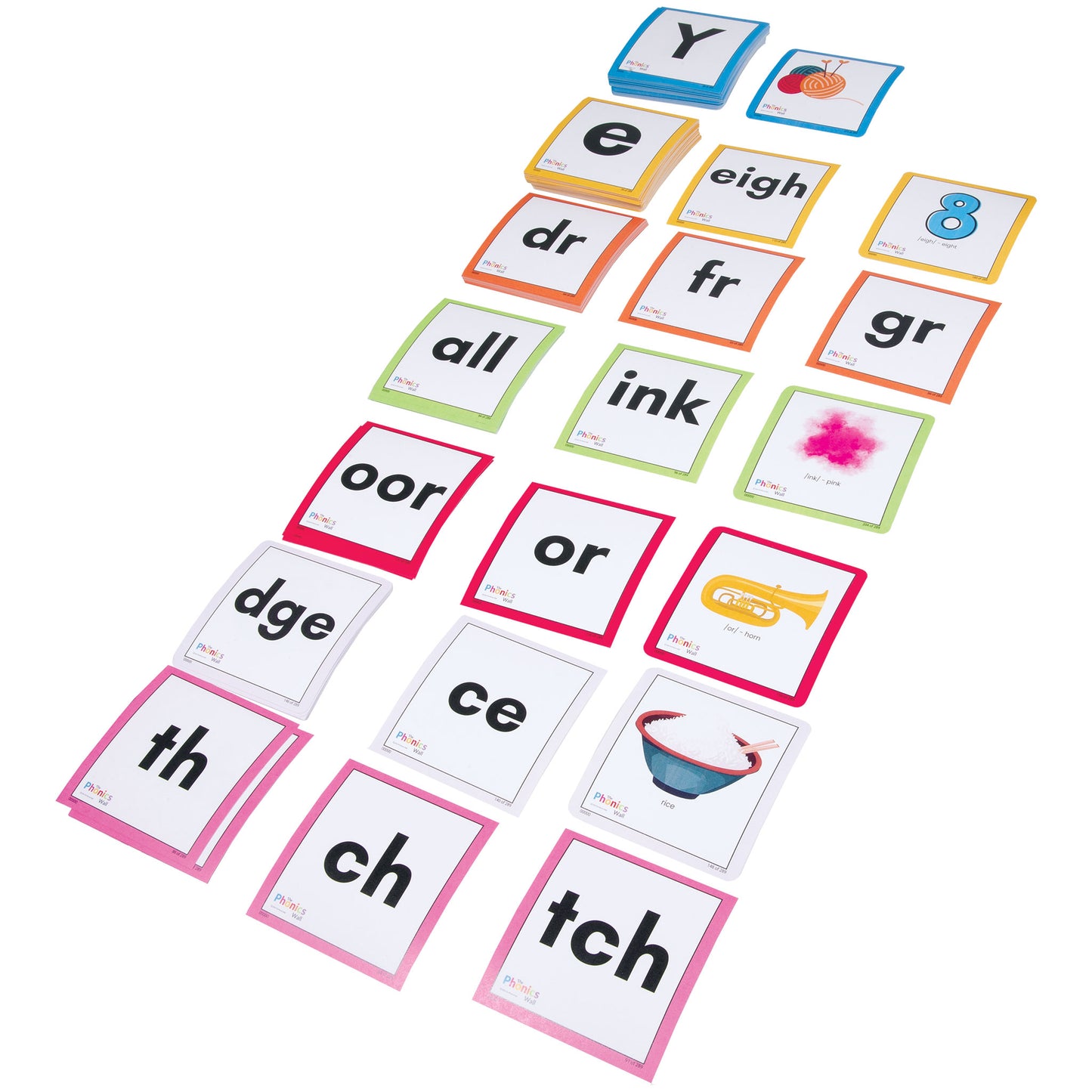 Set of educational flashcards with letters, numbers, and images