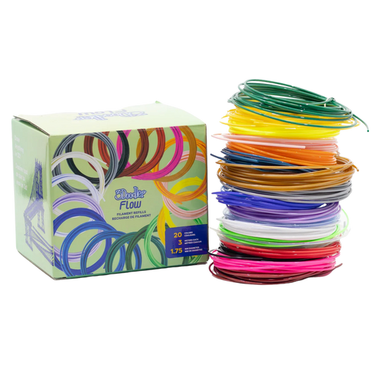 Colorful spools of filament and 3Doodler flow packaging