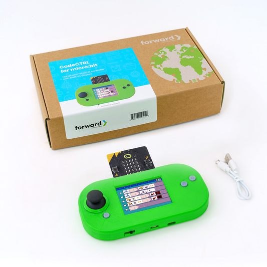 Green electronic device with screen, black joystick, and white cable on a white background, with packaging box
