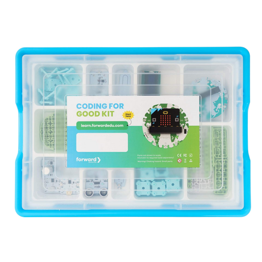 Coding for Good Kit with micro:bit and accessories in a blue and clear container