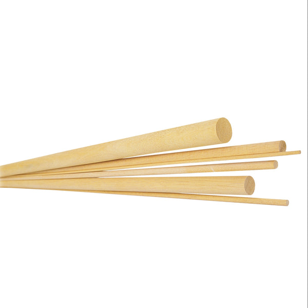 A set of beige wooden dowel rods of varying lengths