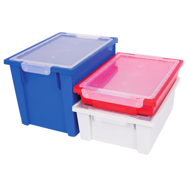 Three storage bins with lids of various sizes